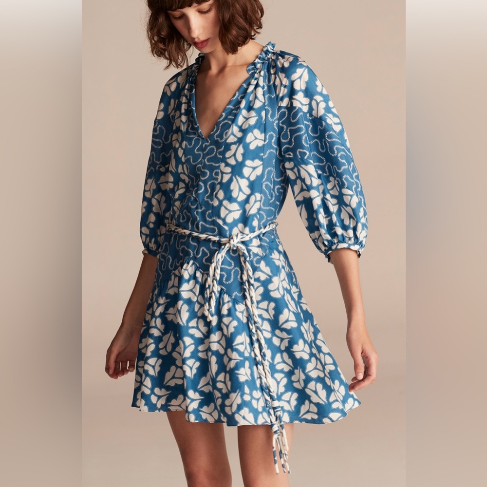 Rebecca Taylor Perla Blue Silk Print Puff Sleeve Flare Mini Dress Size Large NWT